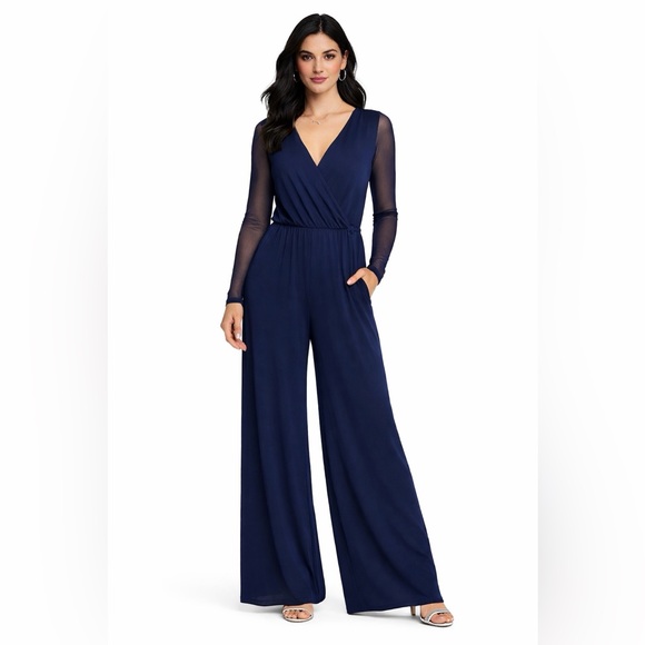 BCBGeneration Dresses & Skirts - BCBGeneration Deep Blue Mesh Long Sleeve Jumpsuit size M New with Tag